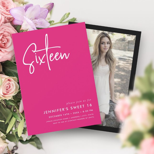 Elegantes Minimal Hot Pink Foto Sweet 16 Einladung (Elegant Minimal Hot Pink Photo Sweet 16 Invitation)