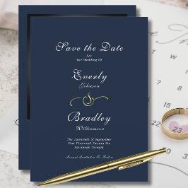 Elegantes Minimal Navy Gold Script Save the Date Einladung