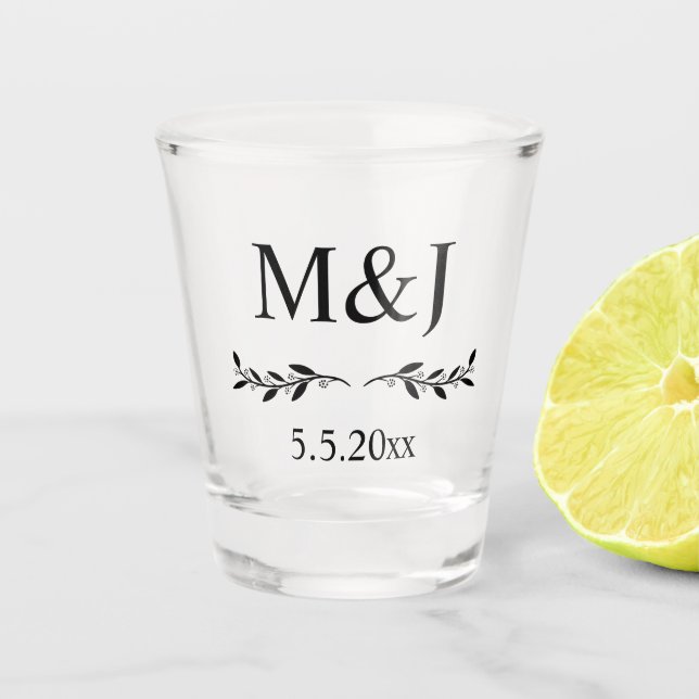 elegantes minimales botanisches Hochzeitmonogramm Schnapsglas (Vorderseite)