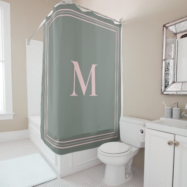 Elegantes Minimalistisch rosa grünes Monogramm Duschvorhang (Beispiel)