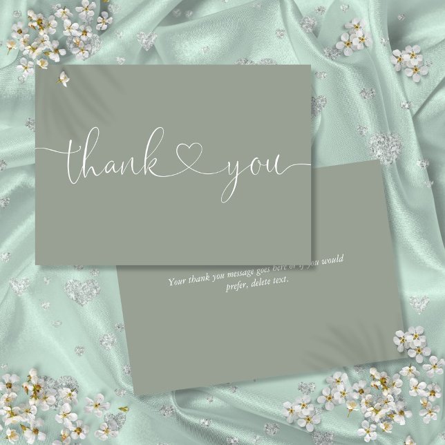 Elegantes Minimalistisch Sage Green Heart Script Dankeskarte (Elegant Minimalist Sage Green Heart Script Thank You Card)