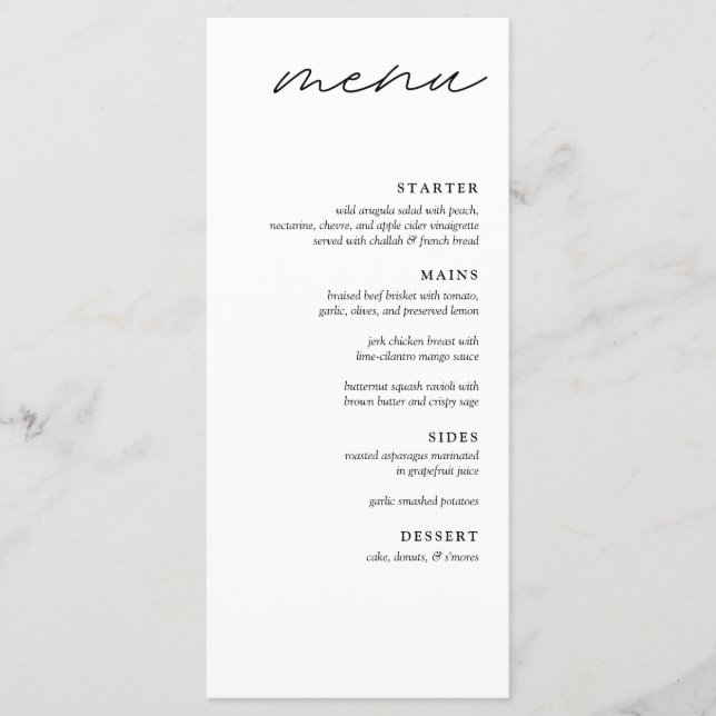 Elegantes Minimalistisches 4-Gang-Dinner Hochzeits Menükarte (Vorderseite)