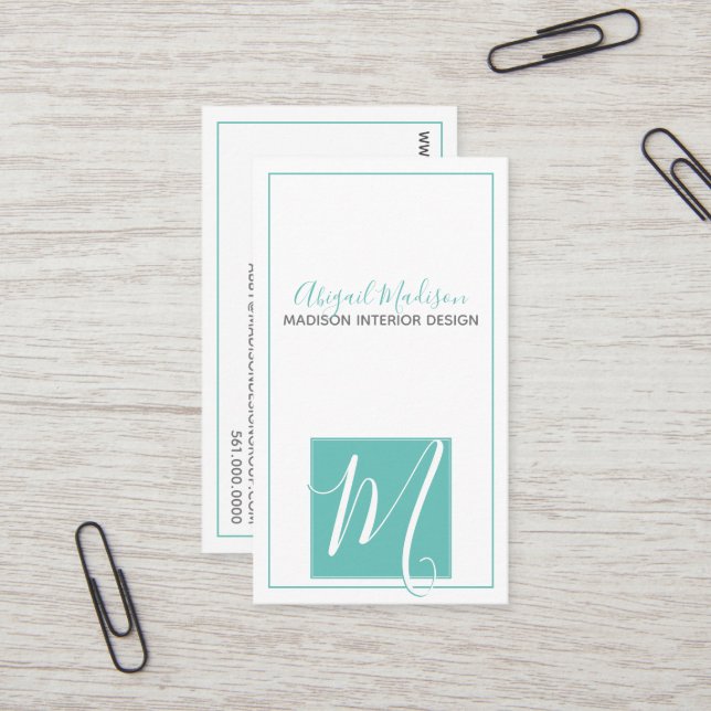 Elegantes Minimalistisches Aqua + Script #Monogram Visitenkarte (Vorderseite/Rückseite Beispiel)