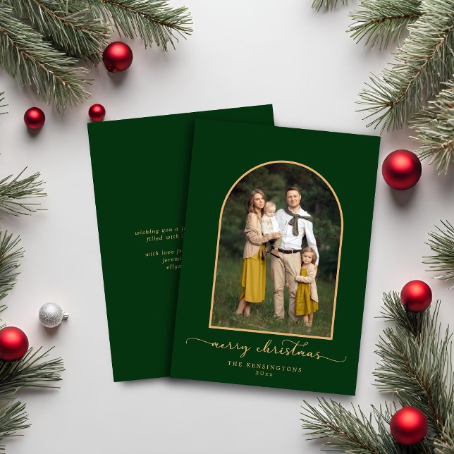 Elegantes Minimalistisches Arch Green Gold Weihnac (Elegant Minimalist Arch Green Gold Christmas Photo Card)