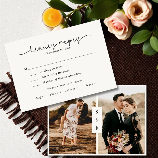 Elegantes Minimalistisches Beige Foto Hochzeit RSVP Karte (Von Creator hochgeladen)