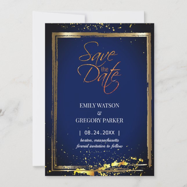 Elegantes, minimalistisches blaues Gold Save the D Date (Vorderseite)