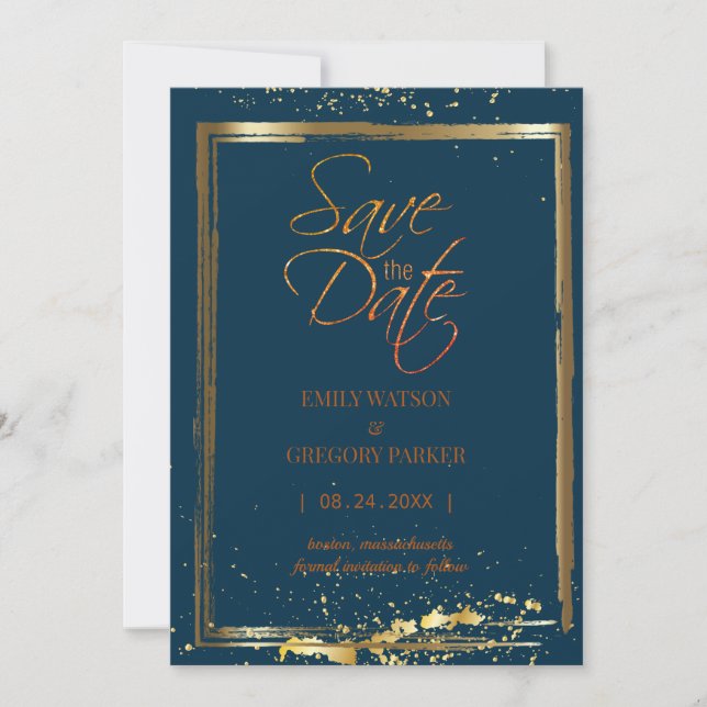 Elegantes, minimalistisches blaues Gold Save the D Date (Vorderseite)