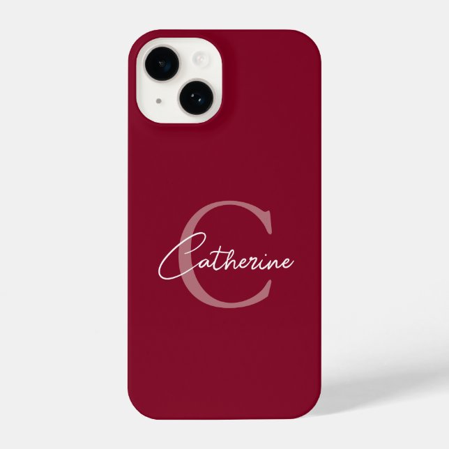 Elegantes Minimalistisches Burgundy Script Monogra iPhone 14 Hülle (Rückseite)