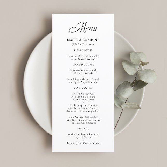 Elegantes Minimalistisches Calligrafy White Weddin Menükarte (Von Creator hochgeladen)