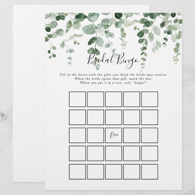 Elegantes Minimalistisches Eucalyptus Bridal Bingo (Vorne/Hinten)