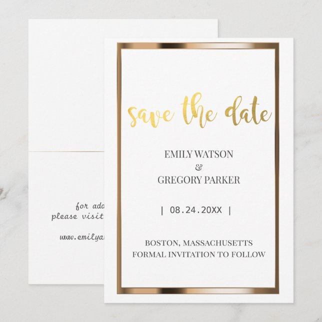 Elegantes, minimalistisches Gold Save the Date (Vorne/Hinten)