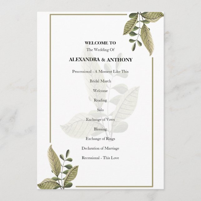 Elegantes minimalistisches Grün-Hochzeitsprogramm Programm (Vorderseite)