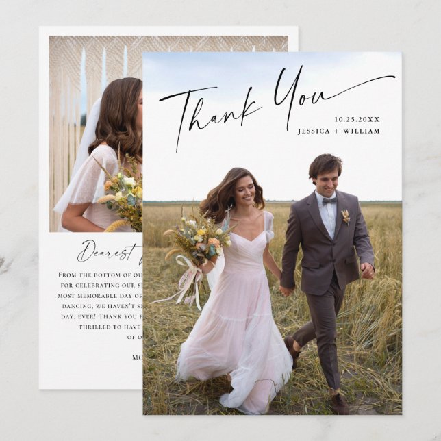 Elegantes Minimalistisches Handwriting Hochzeit 2  Dankeskarte (Vorne/Hinten)