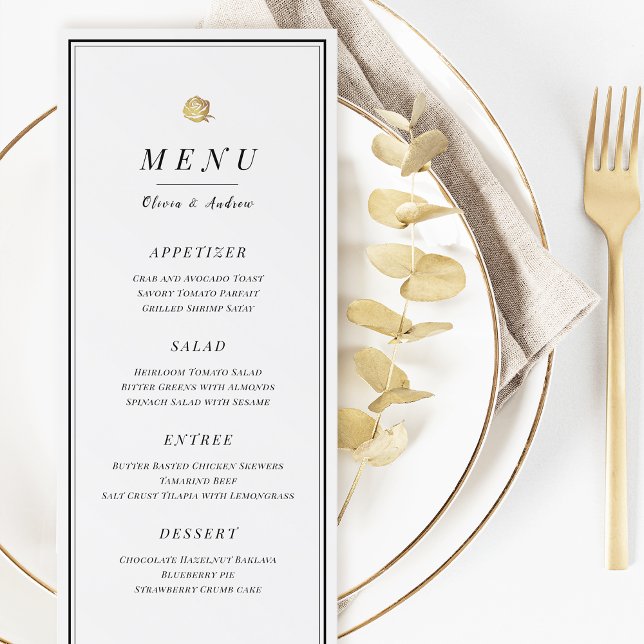 Elegantes, minimalistisches Hochzeitsmenü in Schwa Menükarte (Elegant black and white minimalist wedding menu)
