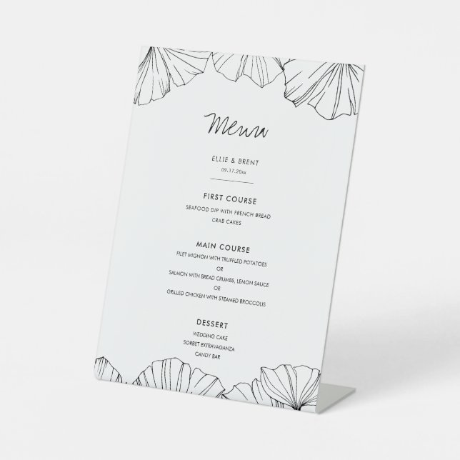 Elegantes minimalistisches Hochzeitsmenü von Ginkg Sockelschild (Vorderseite)