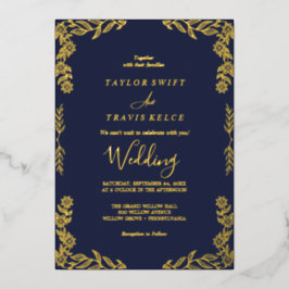 Elegantes Minimalistisches Leaf |Gold Foil Navy Bl Folieneinladung