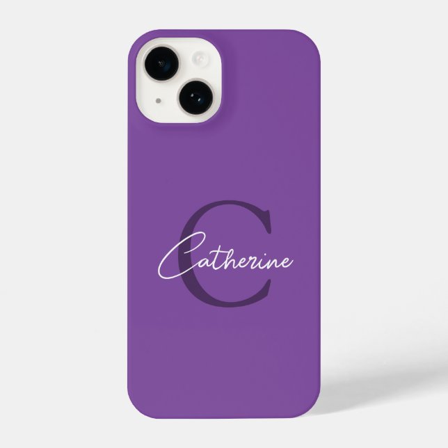 Elegantes Minimalistisches Lila-Script-Monogramm iPhone 14 Hülle (Rückseite)
