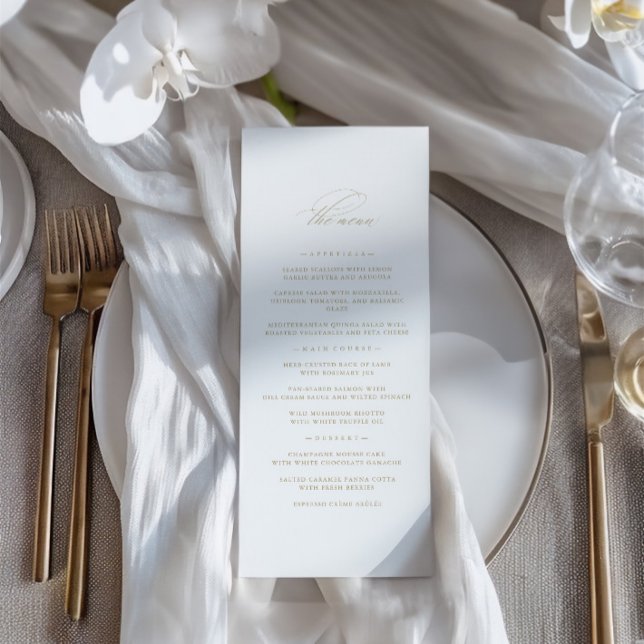 Elegantes, Minimalistisches Menü auf Weiße Hochzei Menükarte (Elegant Delicate Minimalist White Wedding Menu)