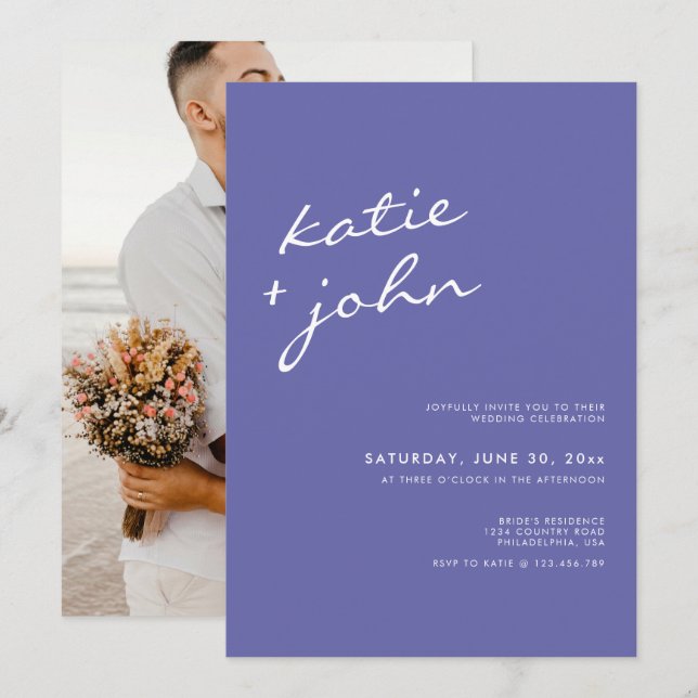 Elegantes Minimalistisches Periwinkle Blue Wedding Einladung (Vorne/Hinten)