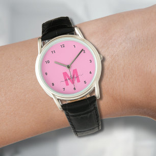 Elegantes minimalistisches rosa Monogramm Armbanduhr