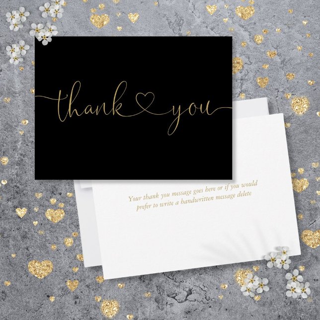 Elegantes Minimalistisches Schwarz-Gold-Script-Her Dankeskarte (Elegant Minimalist Black And Gold Script Heart Thank You Card)