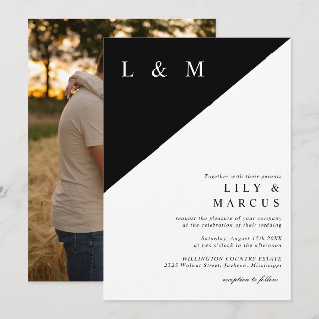 Elegantes Minimalistisches Schwarz-Weiß-Hochzeitss Einladung (Vorne/Hinten)