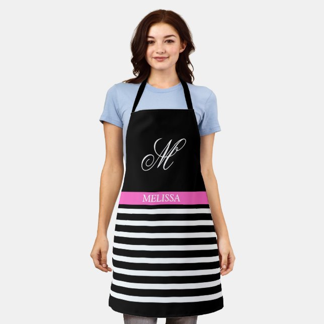 Elegantes Minimalistisches Schwarz-Weiß-Rosa-Band Schürze (Getragen)