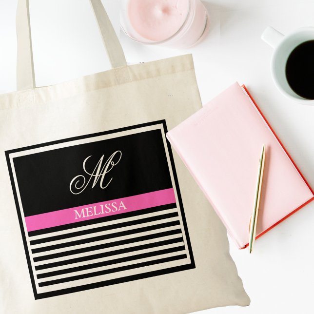 Elegantes Minimalistisches Schwarz-Weiß-Rosa-Band Tragetasche (Von Creator hochgeladen)