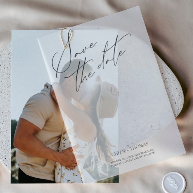 Elegantes Minimalistisches Script-Foto (Elegant White Minimalist Script Photo Vellum Invitations)