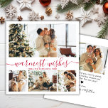 Elegantes Minimalistisches Script Foto Collage Wei Feiertagskarte<br><div class="desc">Elegante Kalligrafie Minimalistisch Rot und Weiß 4 FotoCollage "Warmest Wischs" Script Weihnachtskarte. Dieses festliche, mimimalistische, skurrile vier (4) Foto-Urlaubskartenblatt zeigt eine hübsche Collage aus Foto und sagt "Warmest Wishs". Der Text ist in einem wunderschönen handgeschriebenen kursiven, Wirblen Swash-Schwanz Schriftart Typ geschrieben. Auf der Rückseite mit einem Grußtext mit einem kleinen...</div>