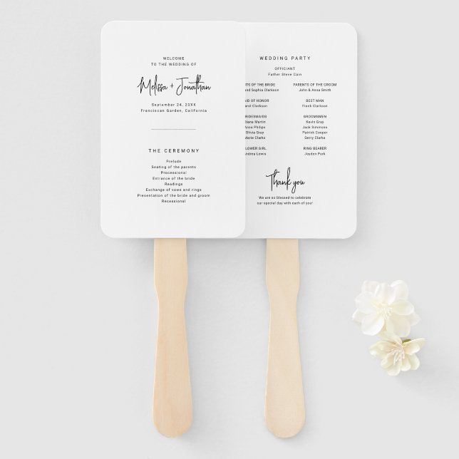 Elegantes Minimalistisches Script-Hochzeitsprogram Fächer (Vorne und Hinten)