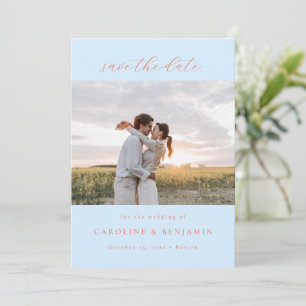 Elegantes minimalistisches Skript Blau Orange Foto Save The Date