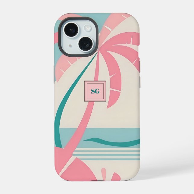 Elegantes Minimalistisches tropisches rosa aquamar iPhone 15 Hülle (Rückseite)