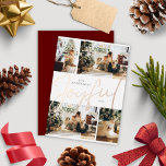 Elegantes Minimalistisches Vier-Foto-Joyful Weihna Folien Feiertagskarte<br><div class="desc">Eine Weihnachtskarte mit vier bearbeitbaren Fotos und einer Schriftzeichen-Kalligraphie,  die das Wort "Freude" in der Mitte enthält.</div>
