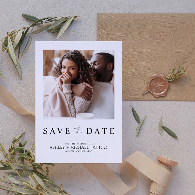 Elegantes Minimalistisches weißes Foto Save the Da Date (Modern Love: Minimalist Photo Save-the-Date. Elegant & Personal. [Add Your Photo & Details] 💍✨)