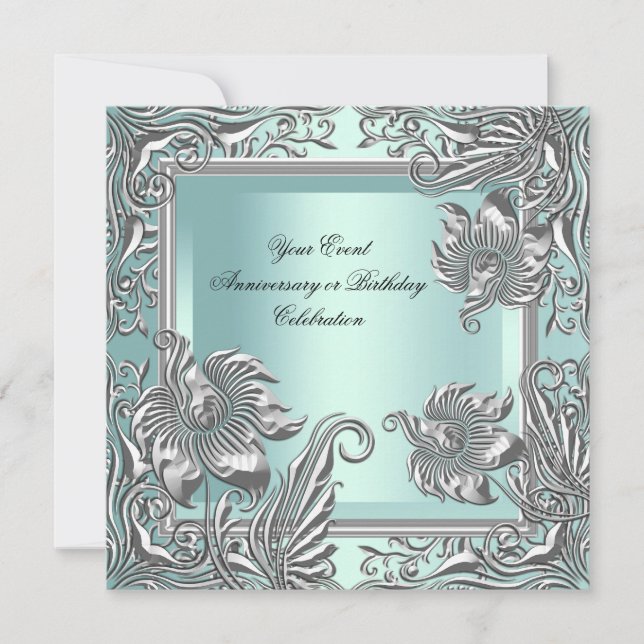 Elegantes Mint Blue Silver Floral Party Einladung (Vorderseite)