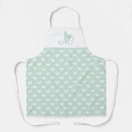 Elegantes Mint Green Monogram Butterfly Muster Schürze