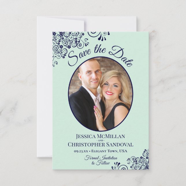 Elegantes Mint Green & Navy Blue Oval Foto Hochzei Save The Date (Vorderseite)