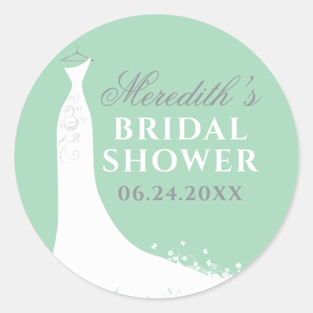 Elegantes Mint Green Wedding Gown Brautparty Runder Aufkleber (Vorderseite)