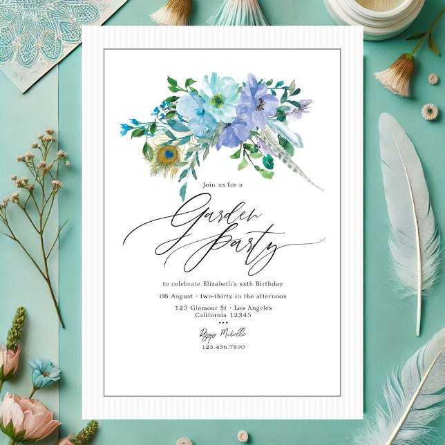 Elegantes Mint-Party und Blumengarten Blue Boho Einladung (Elegant Mint and Blue Boho Floral Garden Party Invitation)