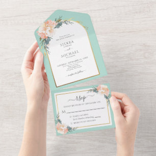 Elegantes Mintgrün Gold Pfirsich Creme Florales Ho All In One Einladung