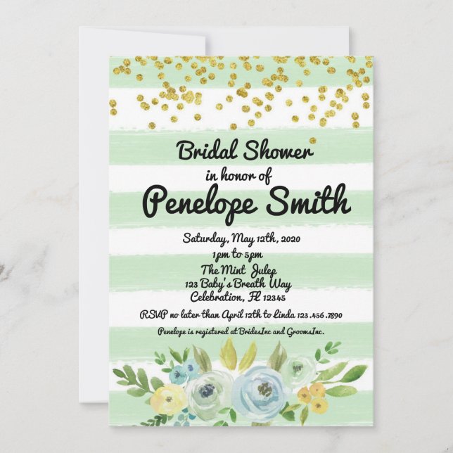 Elegantes Minze Green und Gold Floral Brautparty Einladung (Vorderseite)
