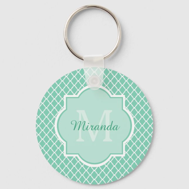 Elegantes Minze grünes Quatrefolienmonogramm mit N Schlüsselanhänger (Vorderseite)