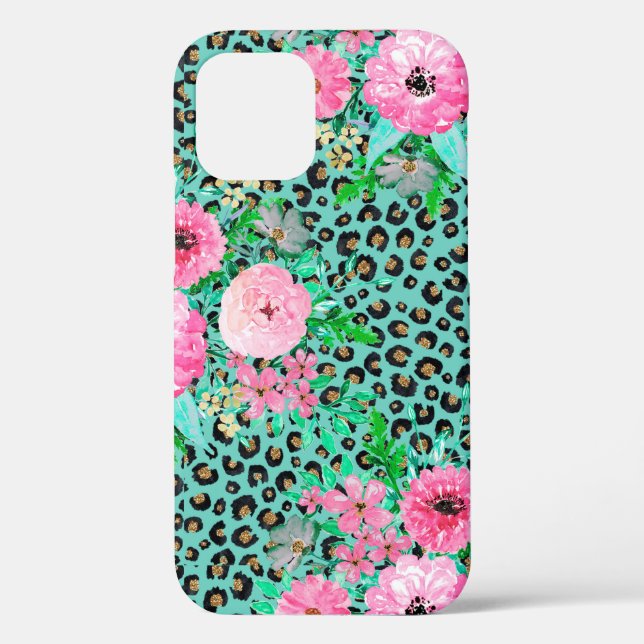 Elegantes Minze Leopard Print und Blumendesign Case-Mate iPhone Hülle (Rückseite)