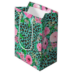 Elegantes Minze Leopard Print und Blumendesign Mittlere Geschenktüte