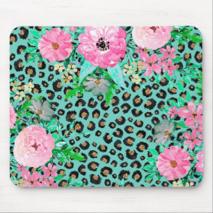 Elegantes Minze Leopard Print und Blumendesign Mousepad