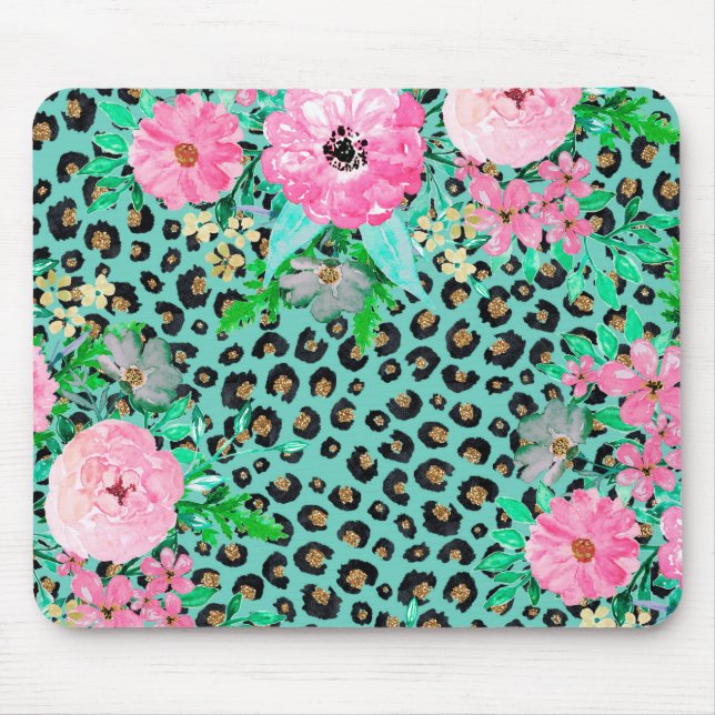 Elegantes Minze Leopard Print und Blumendesign Mousepad (Vorne)