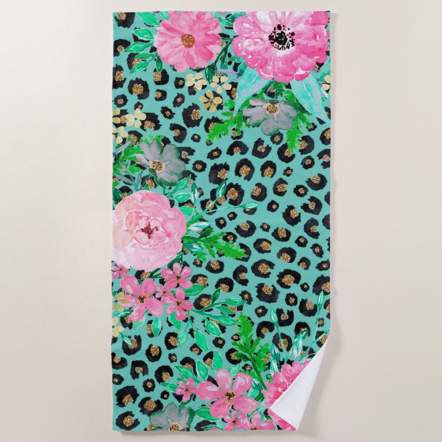 Elegantes Minze Leopard Print und Blumendesign Strandtuch (Vorderseite)
