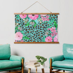 Elegantes Minze Leopard Print und Blumendesign Wandteppich Mit Holzrahmen