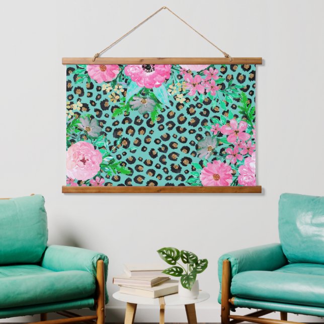 Elegantes Minze Leopard Print und Blumendesign Wandteppich Mit Holzrahmen (Wohnzimmer)